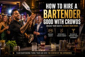 bartender good with crowds performing flair bartending at a high energy event