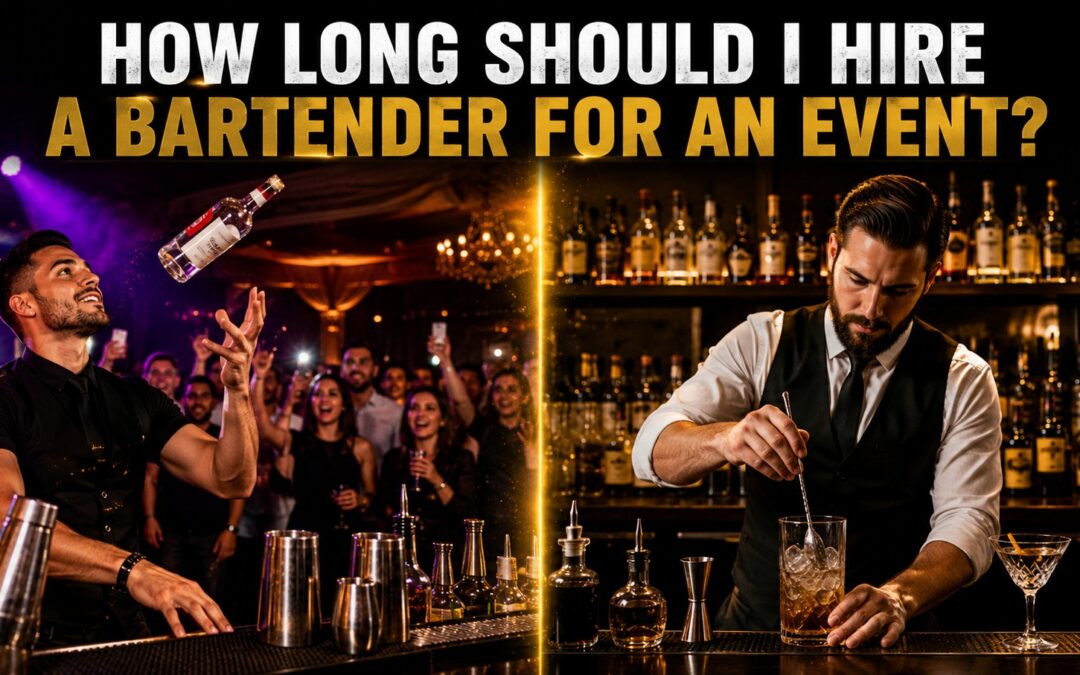 Professional flair bartender demonstrating how long to hire a bartender for an event at a corporate party