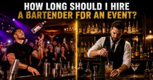 Professional flair bartender demonstrating how long to hire a bartender for an event at a corporate party