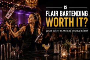 Female flair bartender entertaining guests at a luxury event showing is flair bartending worth it