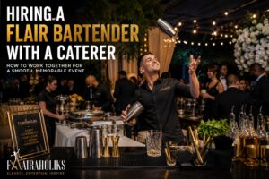 Hire a flair bartender with a caterer at a luxury private event